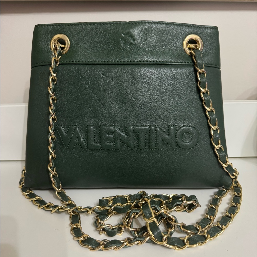 Valentino Dark Green Leather Shoulder Bag with Gold Chain